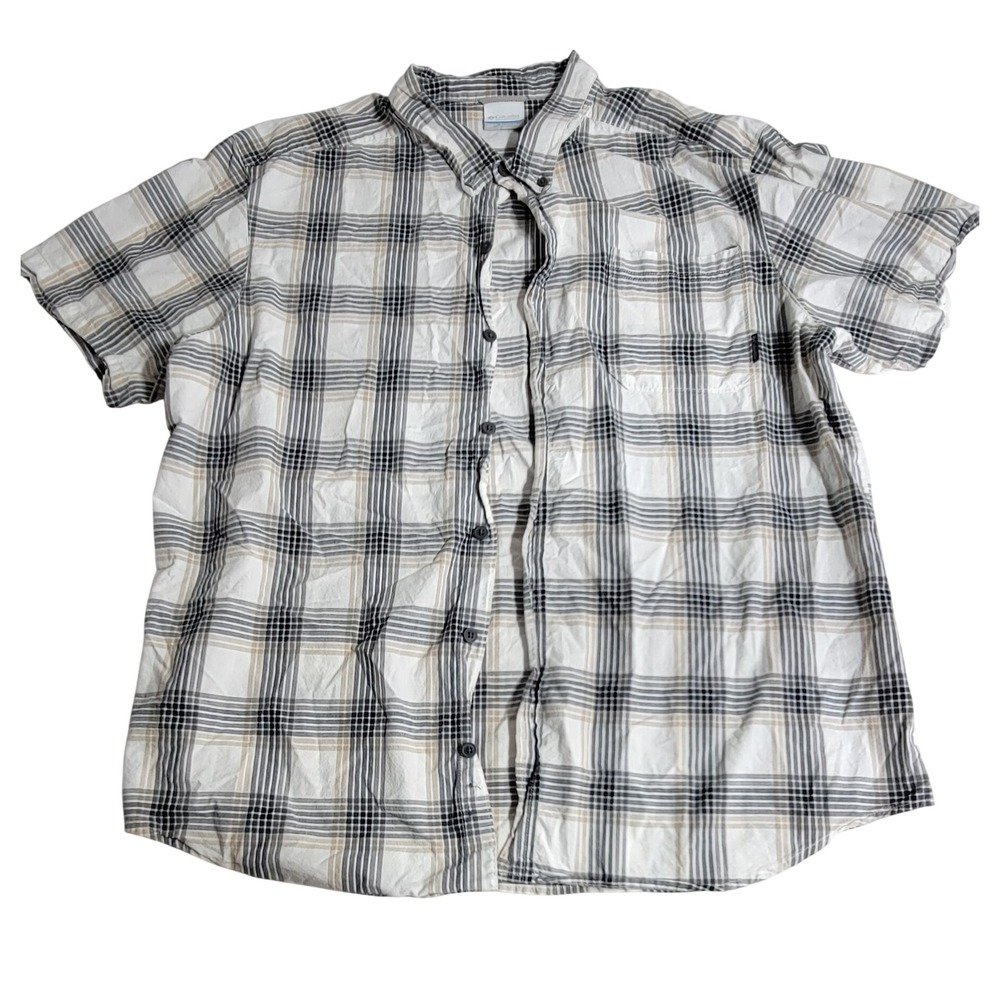 Columbia Mens XL Plaid Short Sleeve Button Up Shirt Grey White Tan Cotton